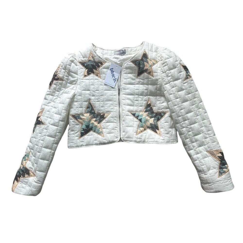 Blue B Quilted Multi Star Embroidered Padded Zip Up Jacket White Large